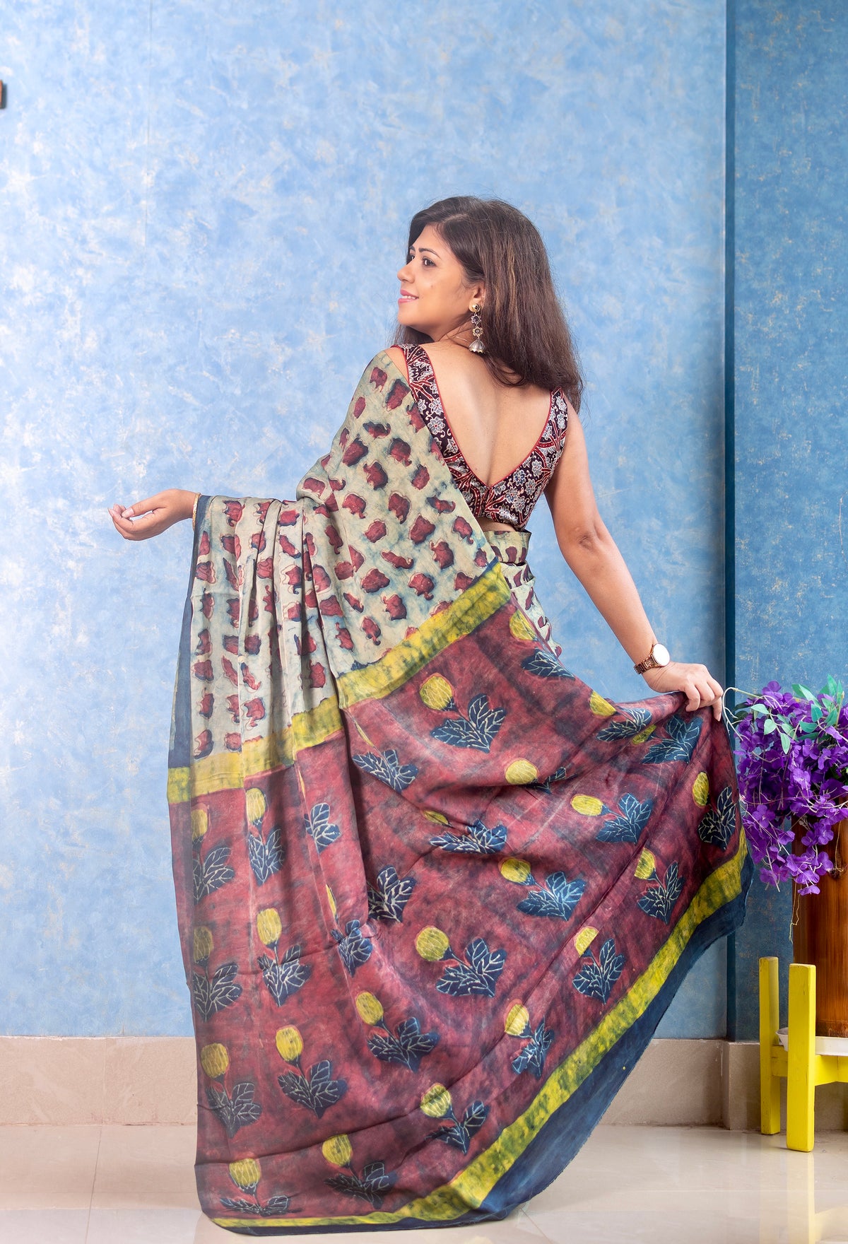 Natural Pomegranate Peel Dyed Modal Tussar Ajrakh Saree — view 2