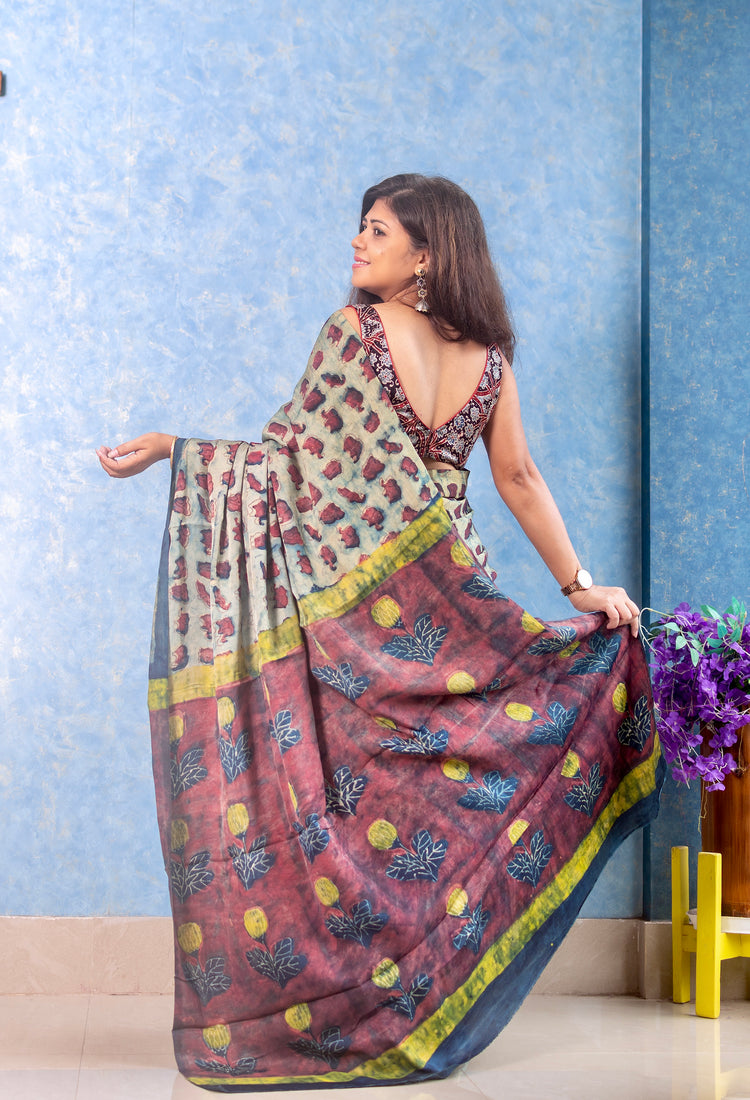 Natural Pomegranate Peel Dyed Modal Tussar Ajrakh Saree