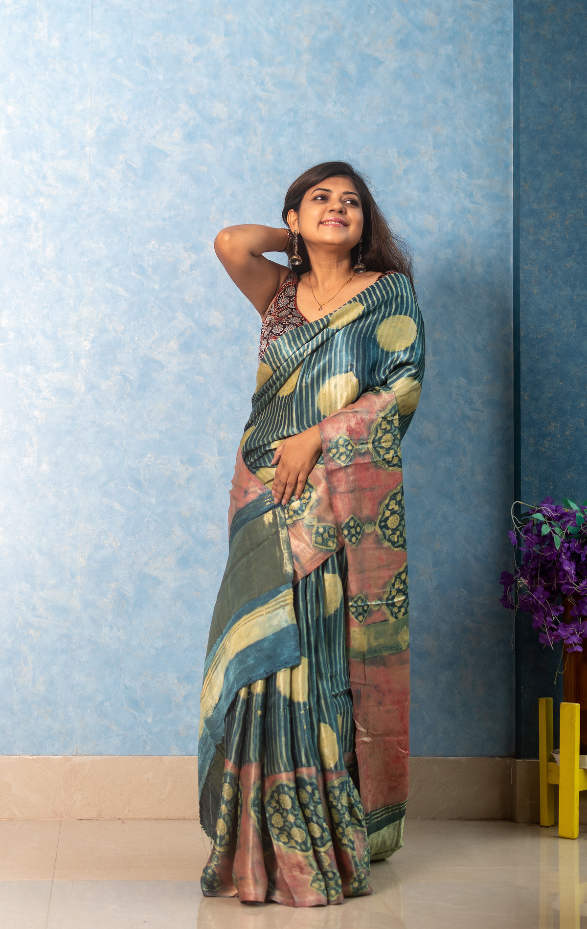 Teal Blue Premium Modal Ajrakh Saree — view 2