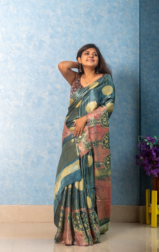 Teal Blue Premium Modal Ajrakh Saree