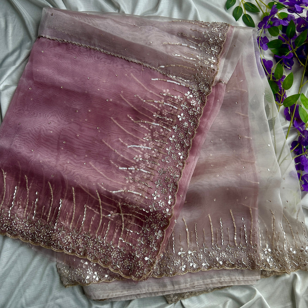 Plum and Perl Colour Hand Embroidery on Organza Sari — view 9