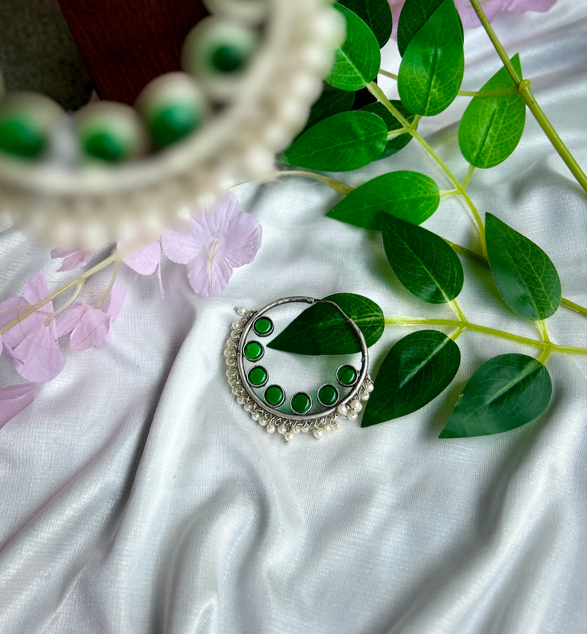 Green Silver Oxidised Earrings — view 3