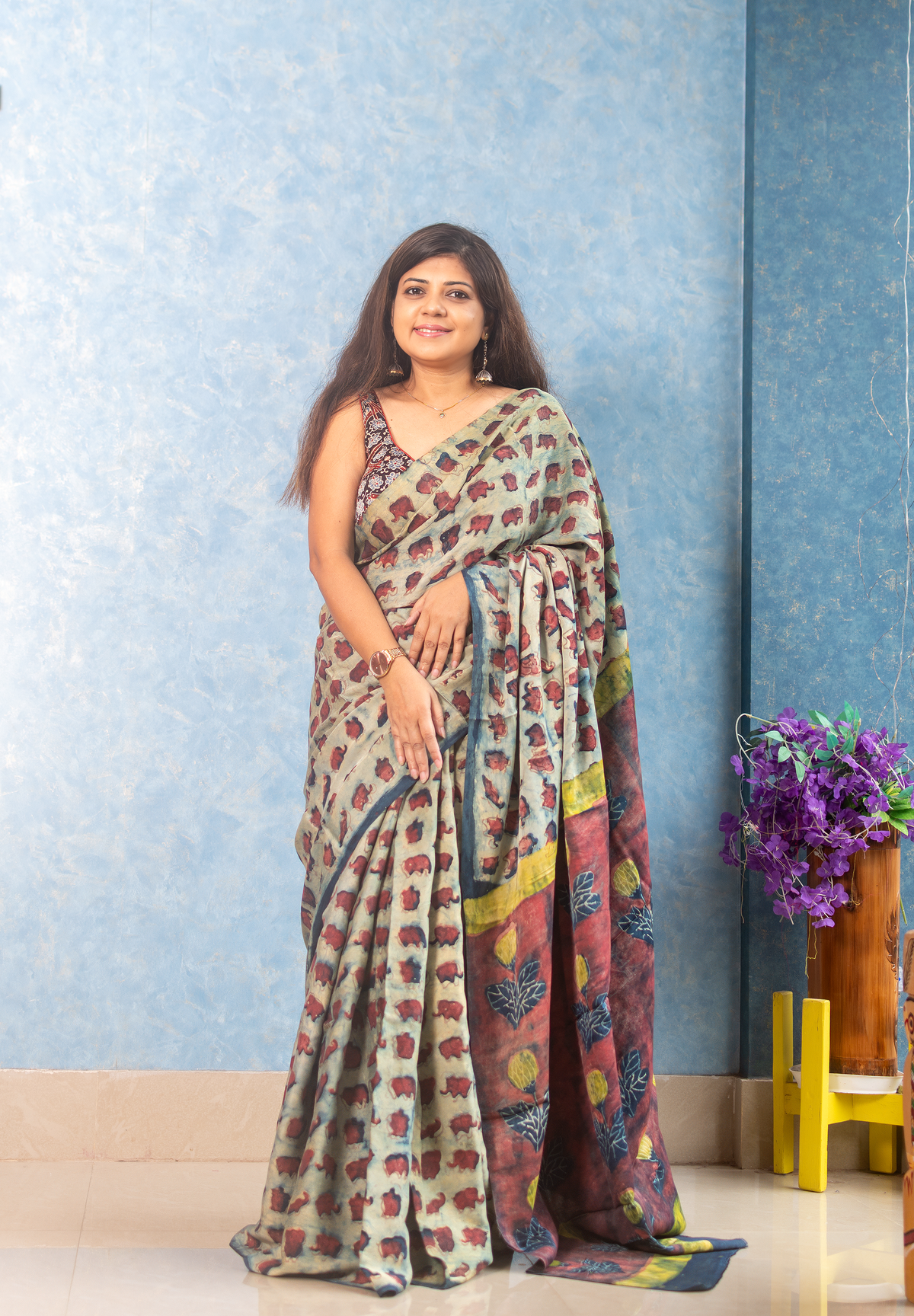Natural Pomegranate Peel Dyed Modal Tussar Ajrakh Saree