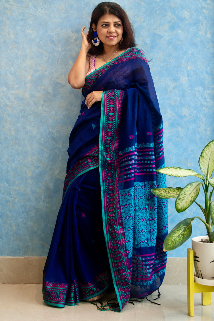 Royal Blue Handwoven Khadi Cotton Sari With Dhanikhali Woven Pallu