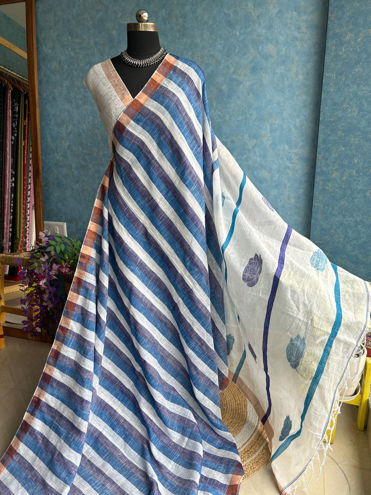 Blue White Linen Handloom Saree