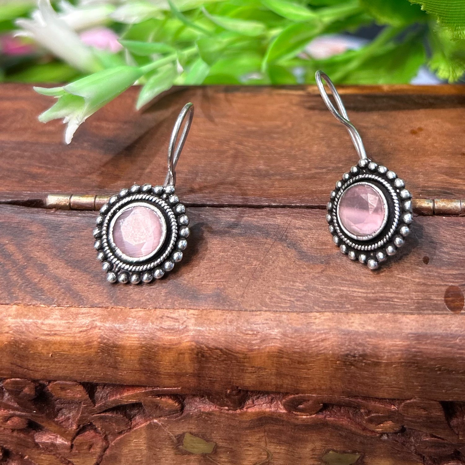 Pastle Pink Oxidised Silver Earrings — view 2