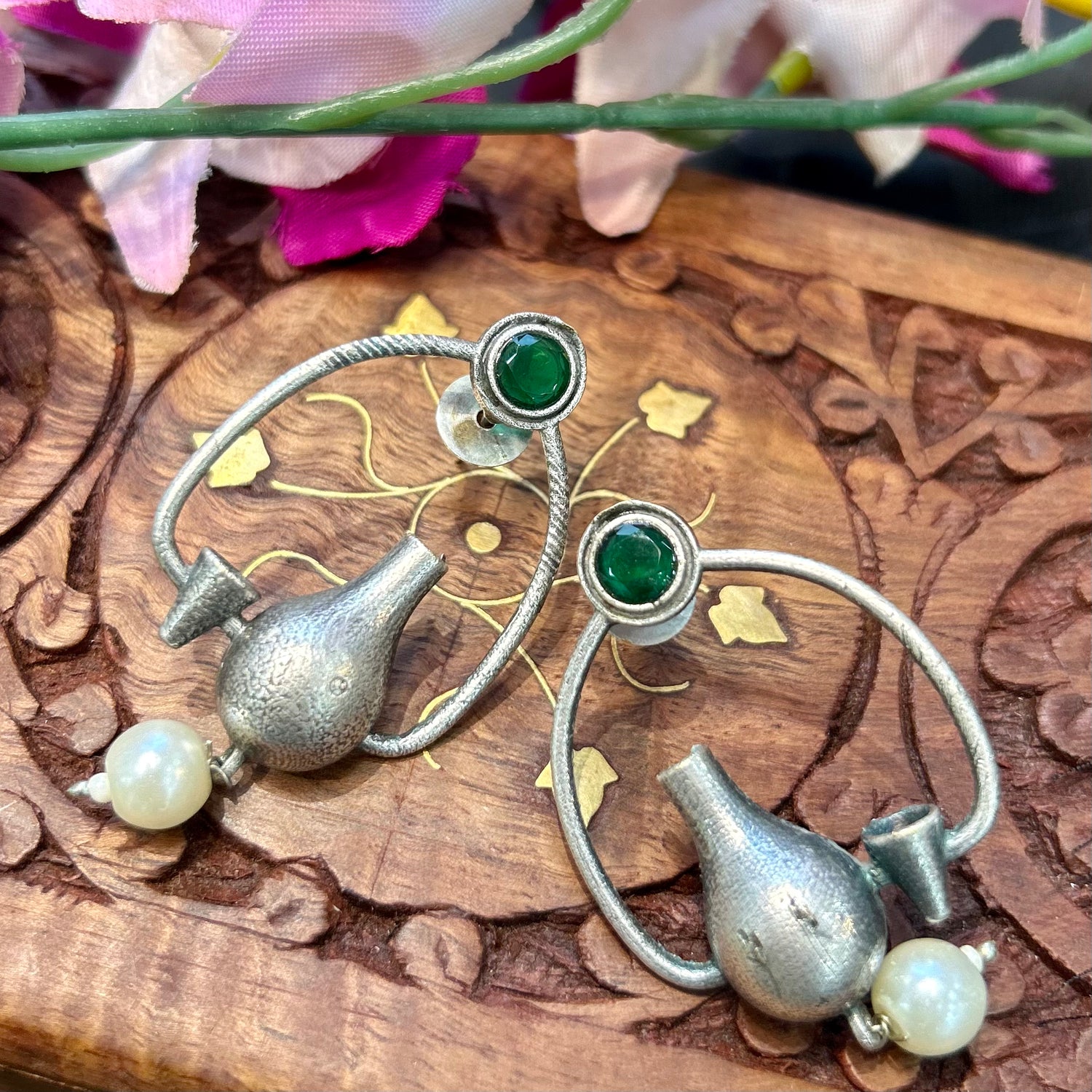 Green Stone Silver Oxidised Earrings — view 4