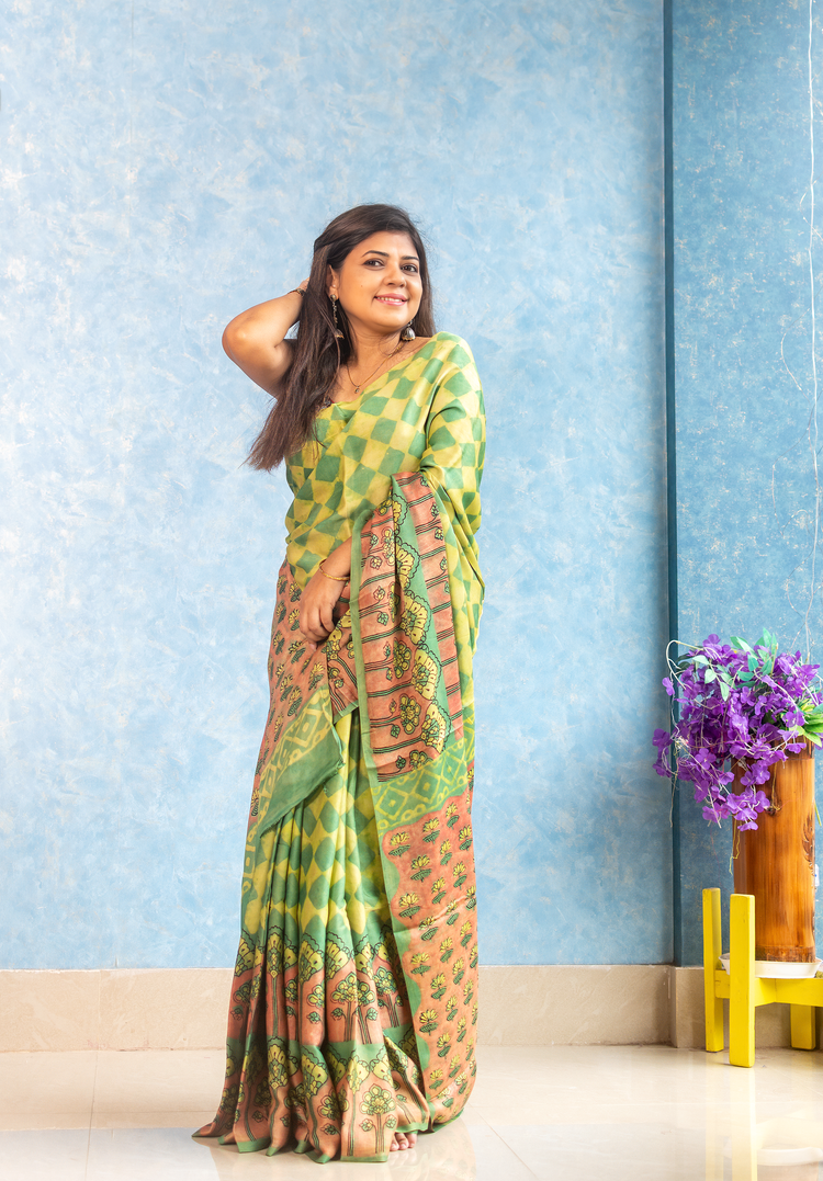 Lime Yellow Modal Tussar Ajrakh Saree