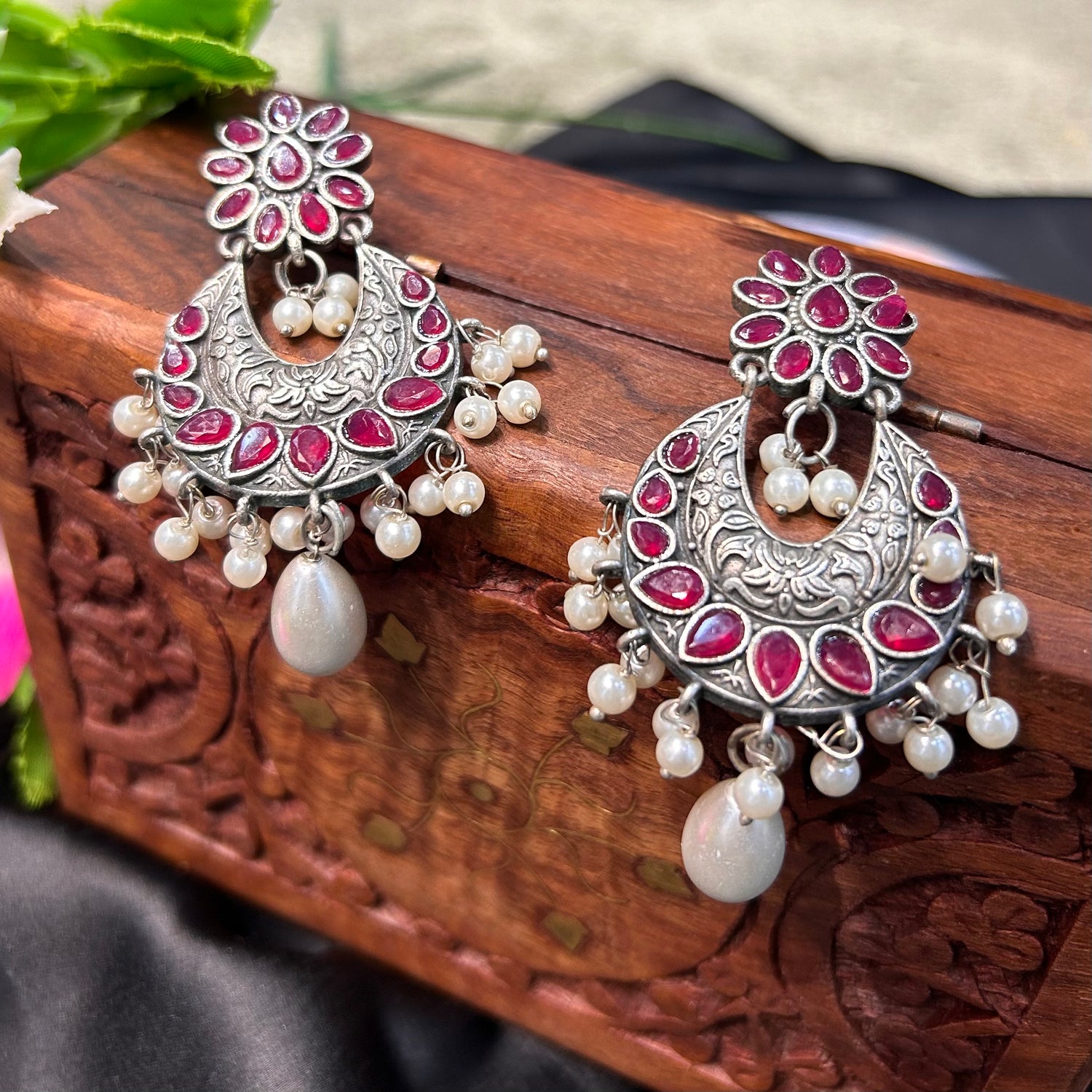 Pink Stone Oxidised Earring — view 3