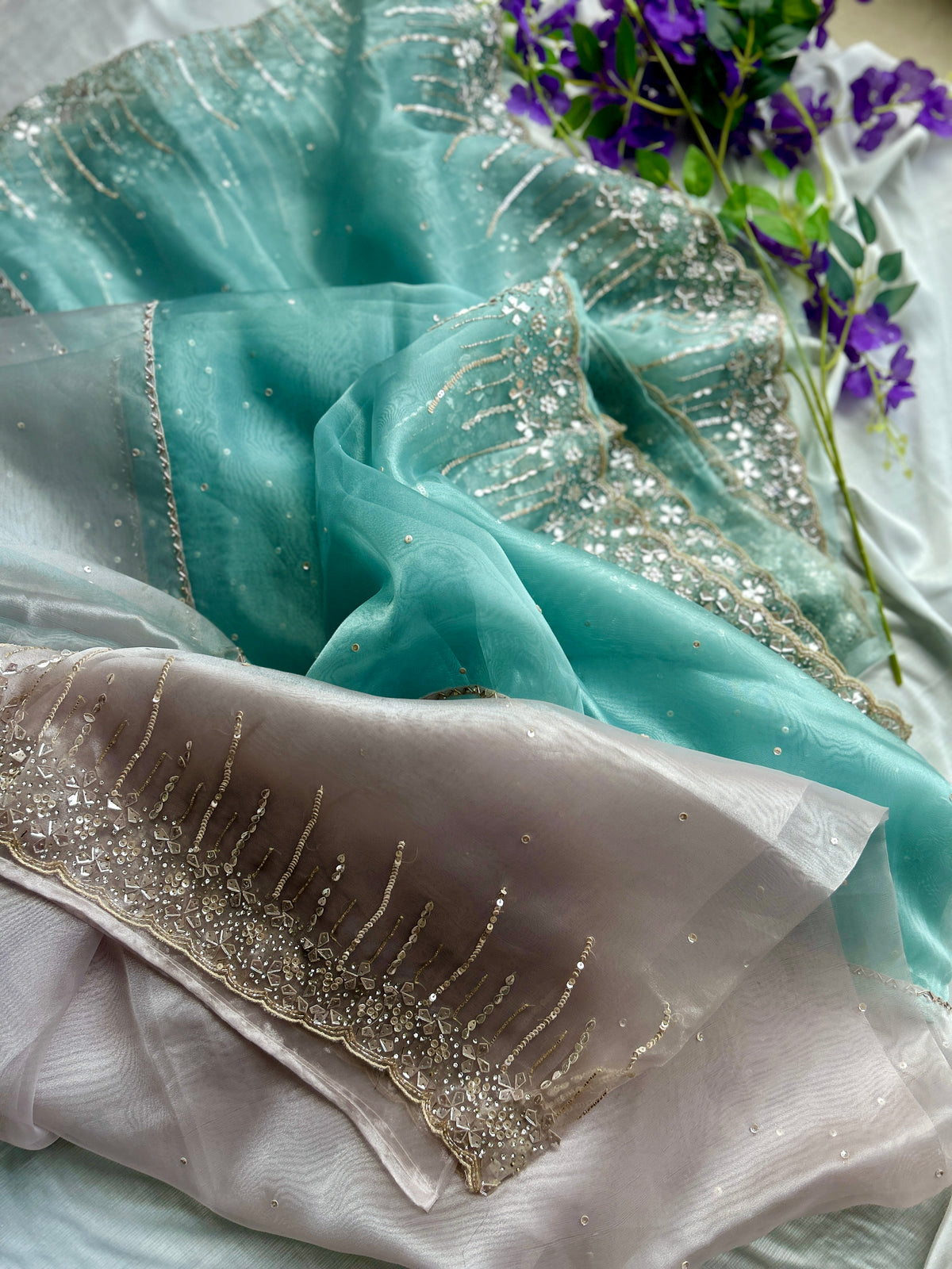 Aqua and Perl Colour Hand Embroidery on Organza Sari — view 3