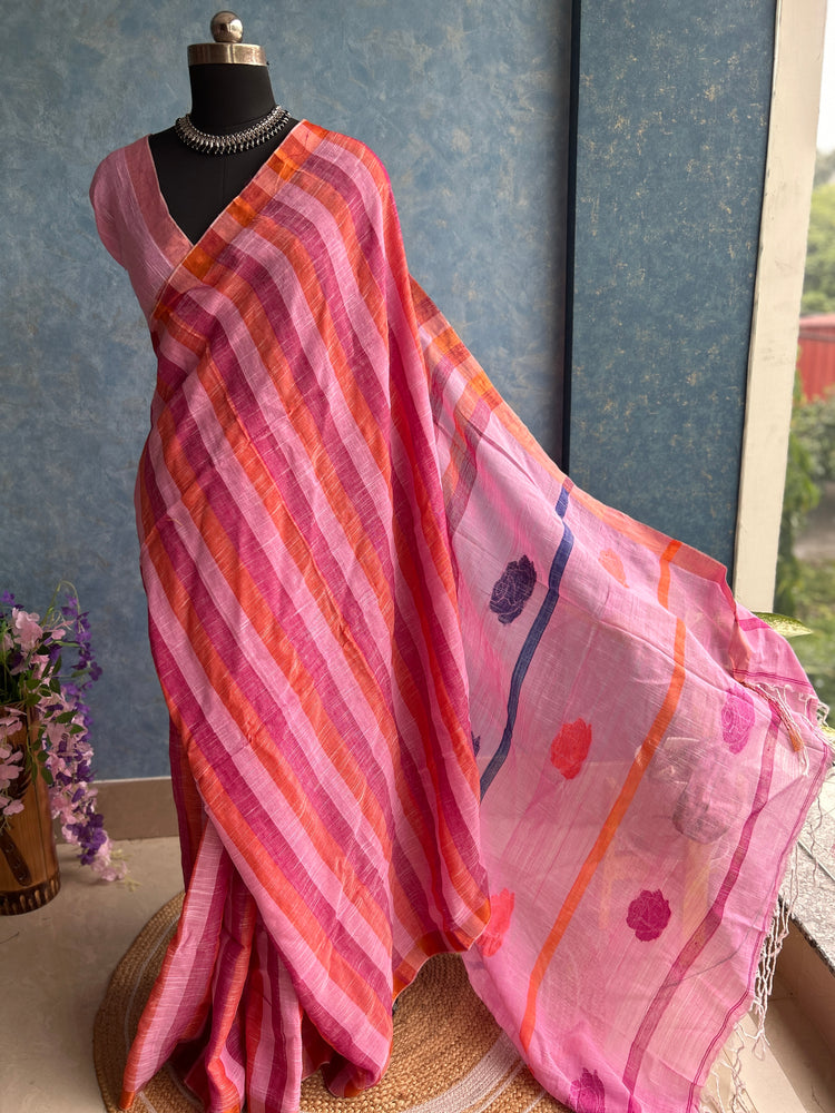 Multi Shades Linen Handloom Saree