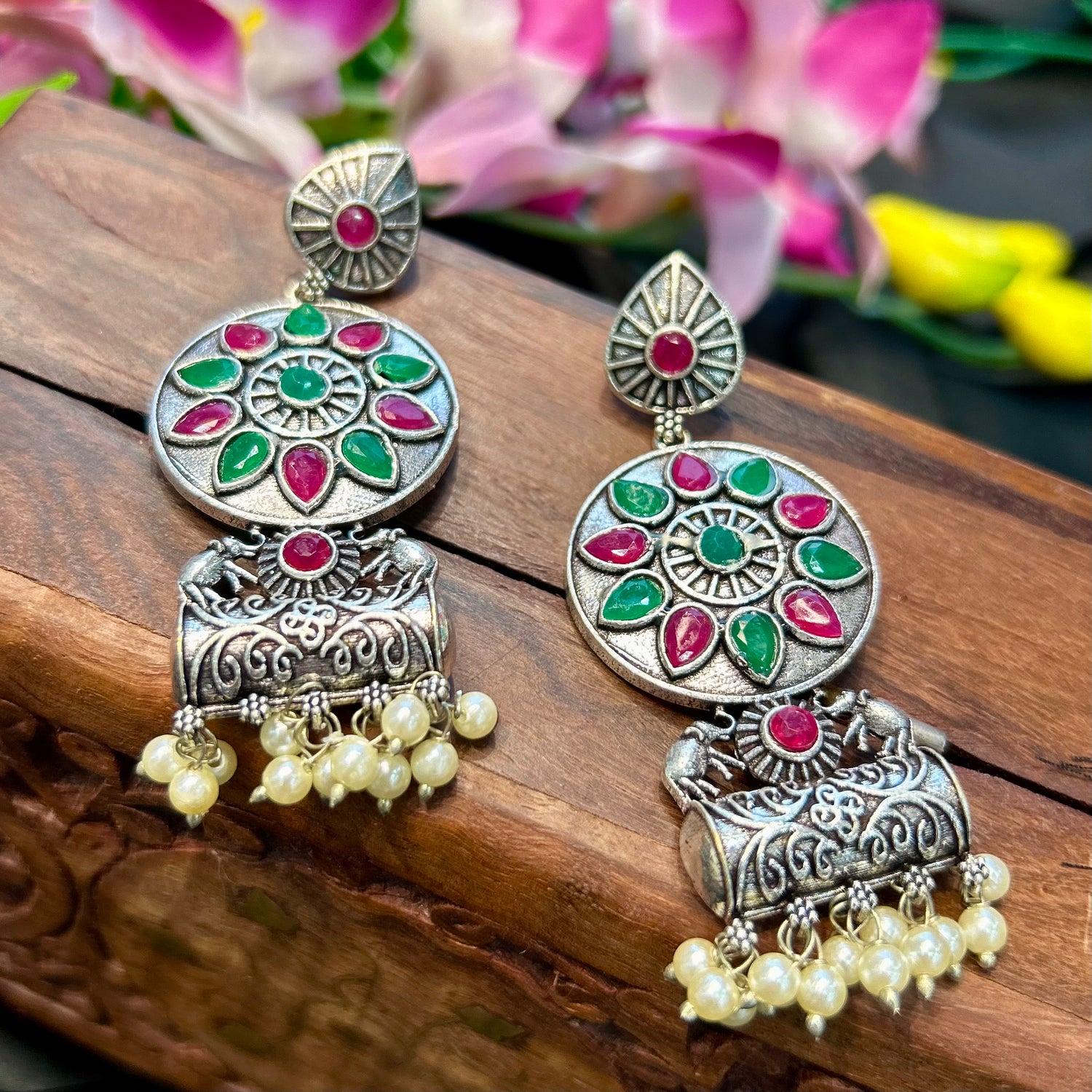 Multicolour Stone Silver Oxidised Earrings