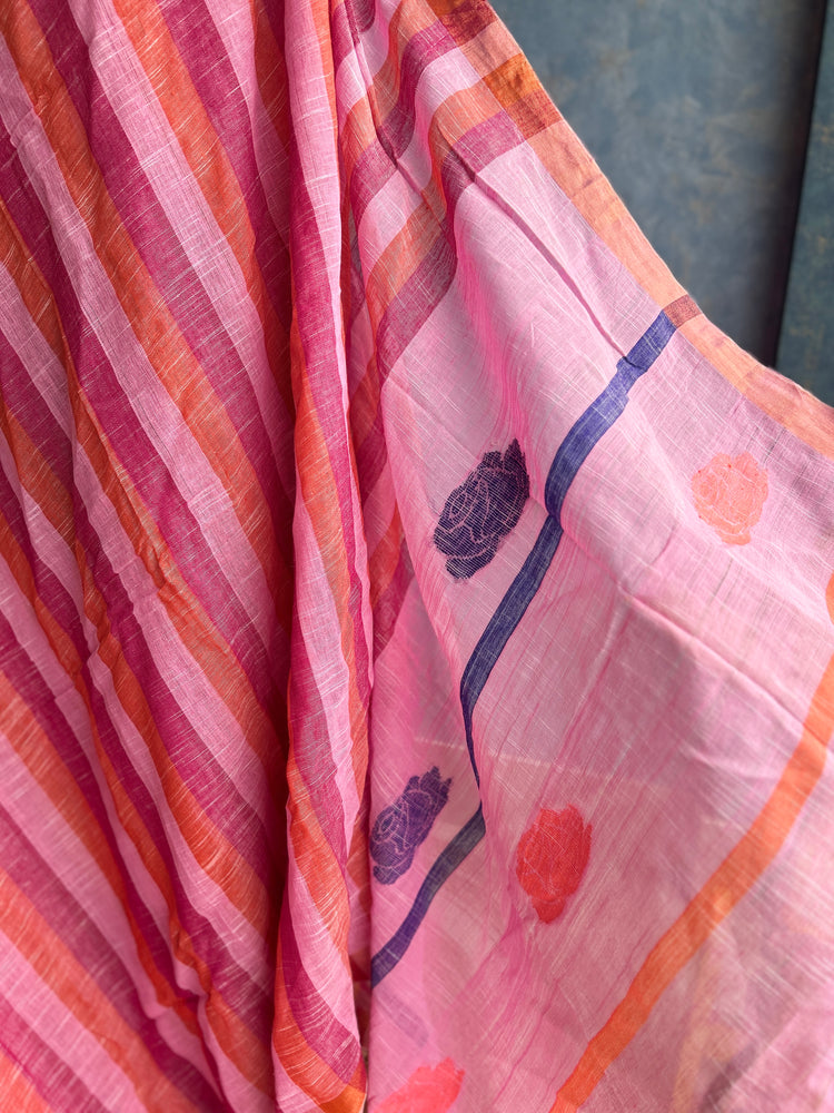 Multi Shades Linen Handloom Saree