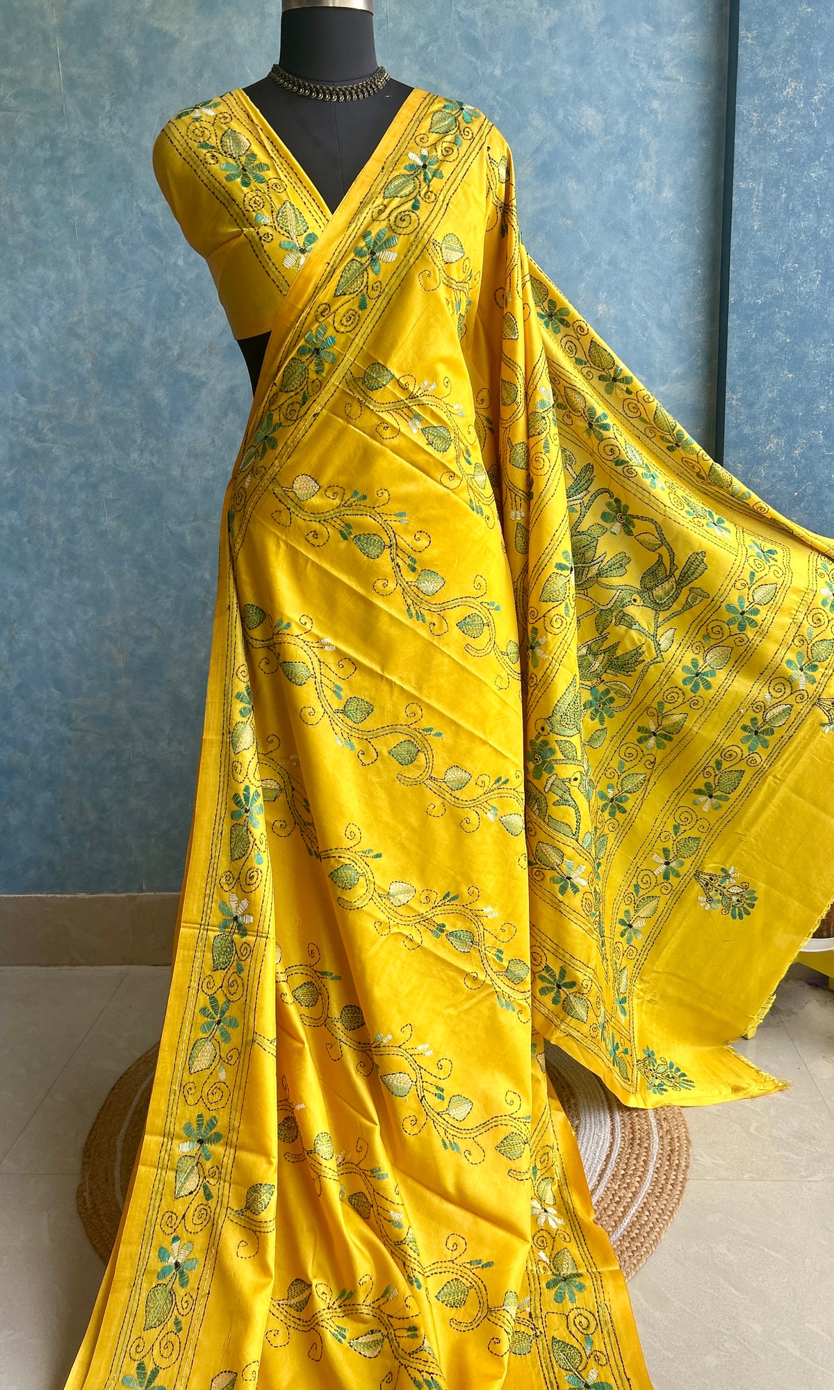 Sunshine Yellow Hand Kantha Saree — view 3