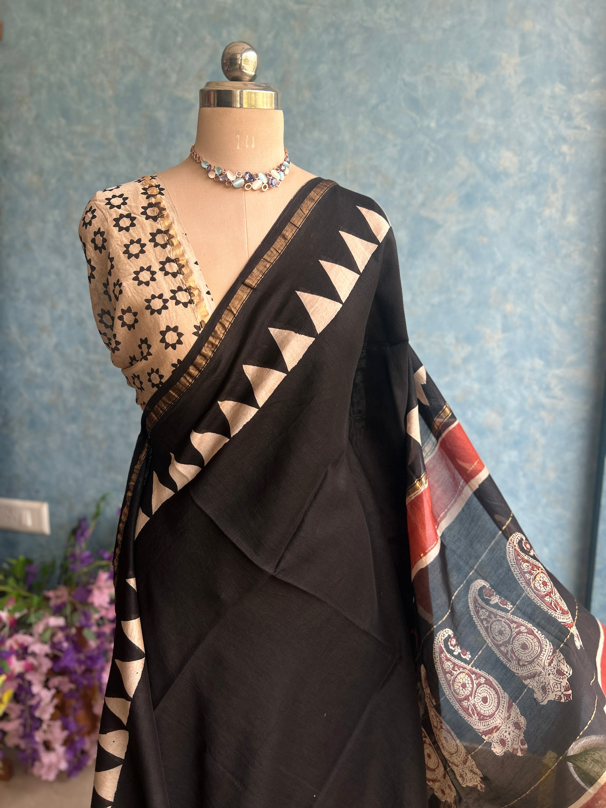 Black Hand Block Printed Chanderi Sari — view 2