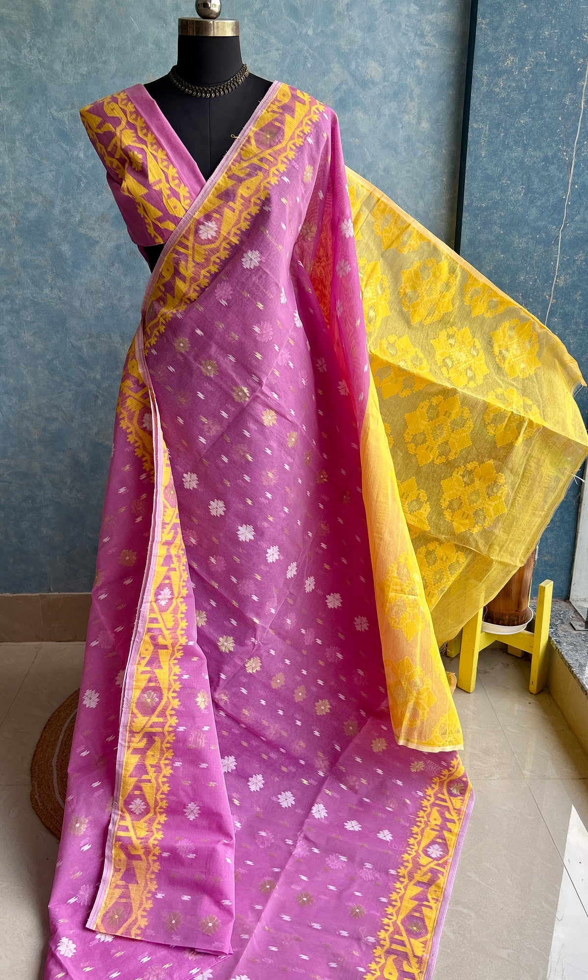 Lavender Pink - Yellow Dhakai Jamdani