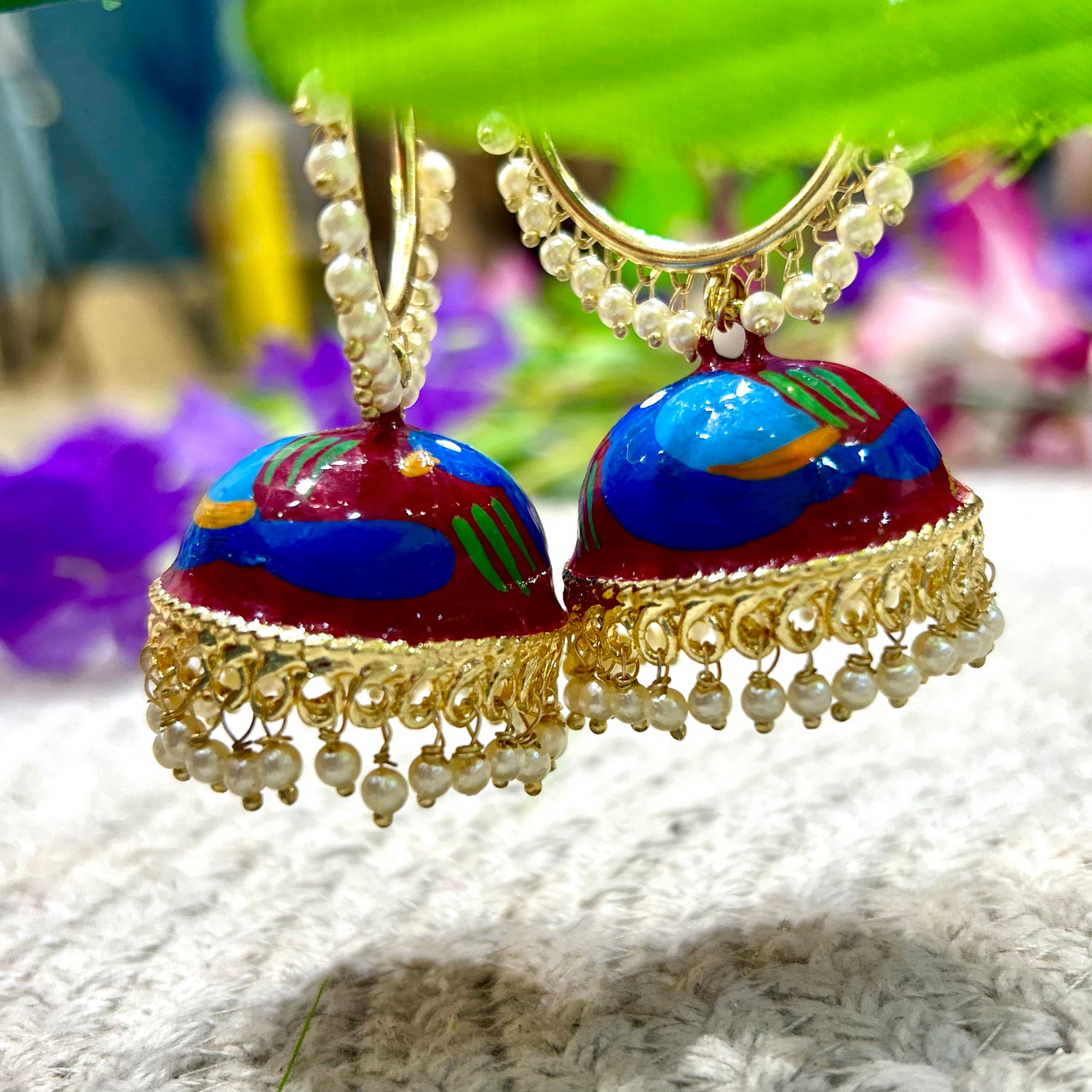 Maroon Hand Painted Jhumka — view 2