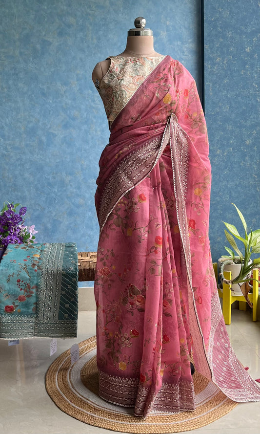 Salmon Digital Printed Chanderi Sari