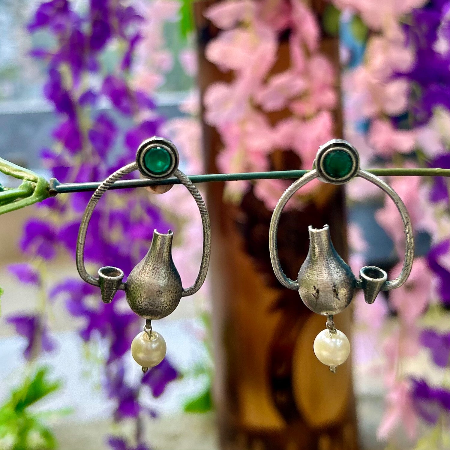 Green Stone Silver Oxidised Earrings — view 2