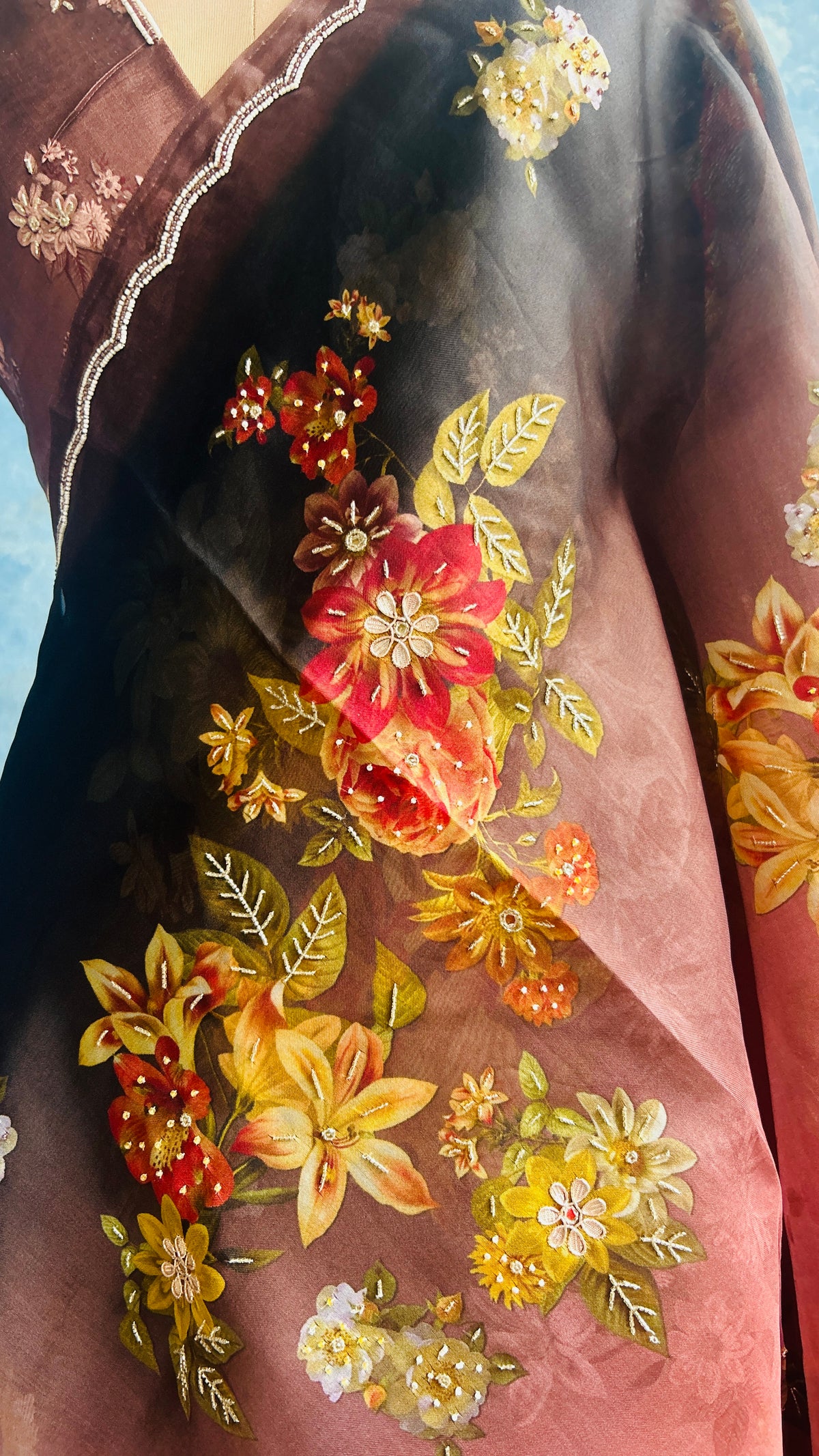 Cocoa and Rosy Color Kora Handwoven Pure Silk by Silk Sari — view 4