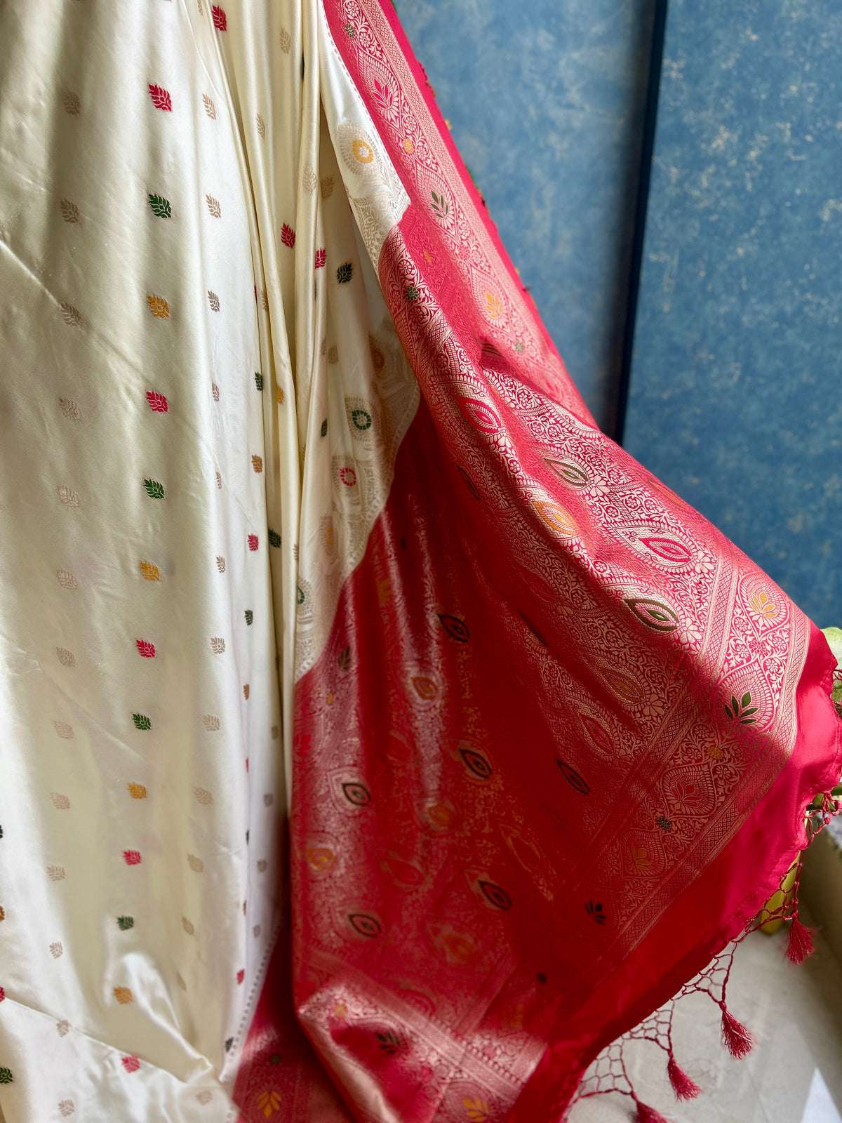 Golden Zari Red Masru Silk Sari — view 4