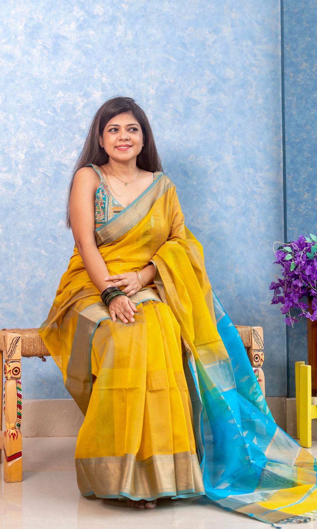 Pure Silk Handwoven Mustard Maheshwari Sari — view 2
