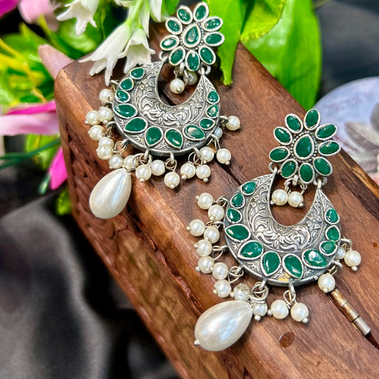 Green Stone Oxidised Earring