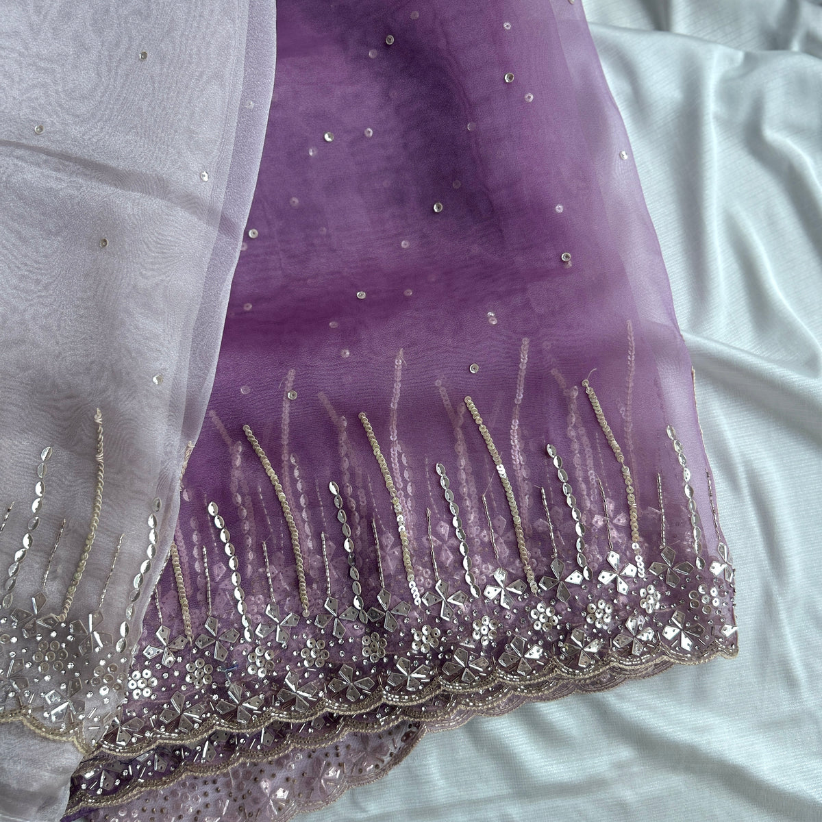 Mauve and Perl Colour Hand Embroidery on Organza Sari — view 5