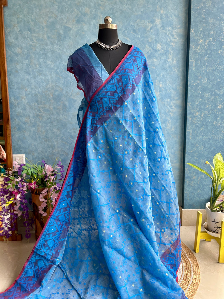 Azure Blue and Yellow Soft Dhakai Jamdani