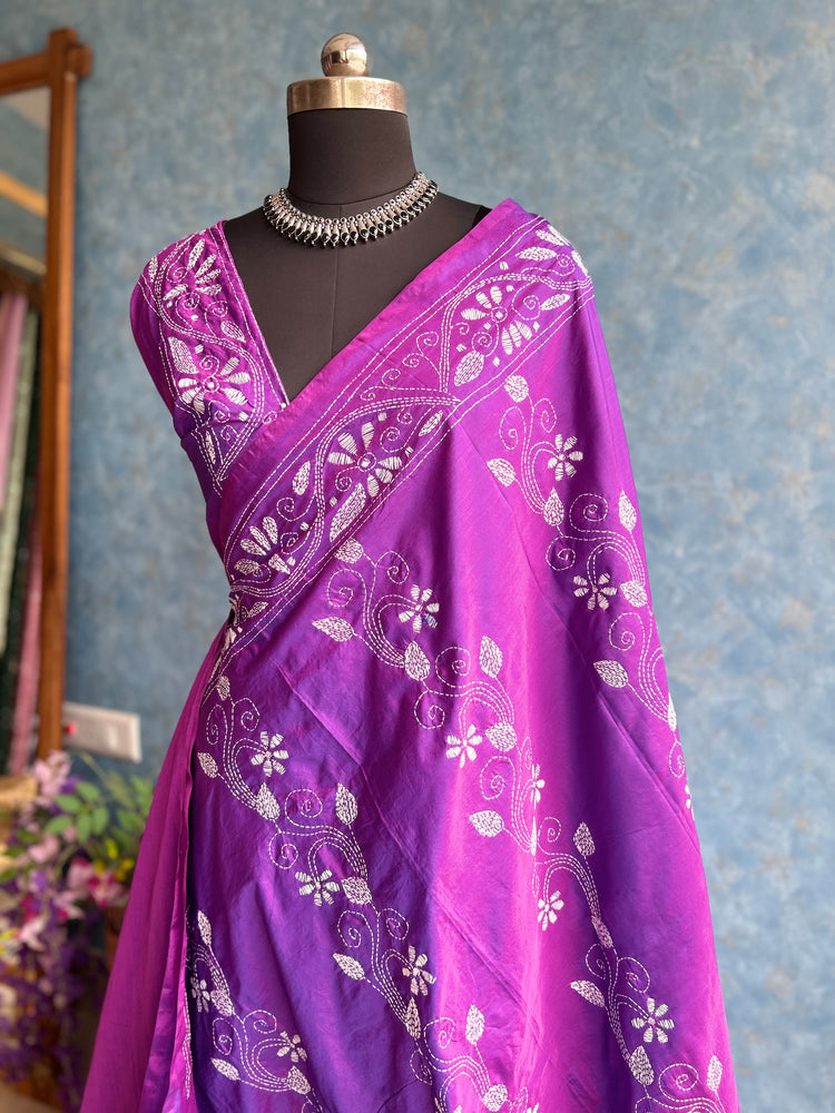 Orchid - Kantha Stitched Blended Silk Saree