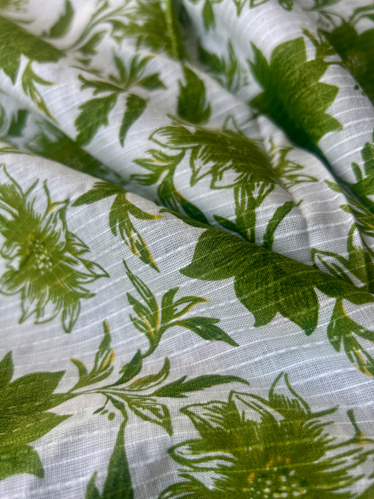 White Ajrakh Print with kantha stitch on Cotton Fabric