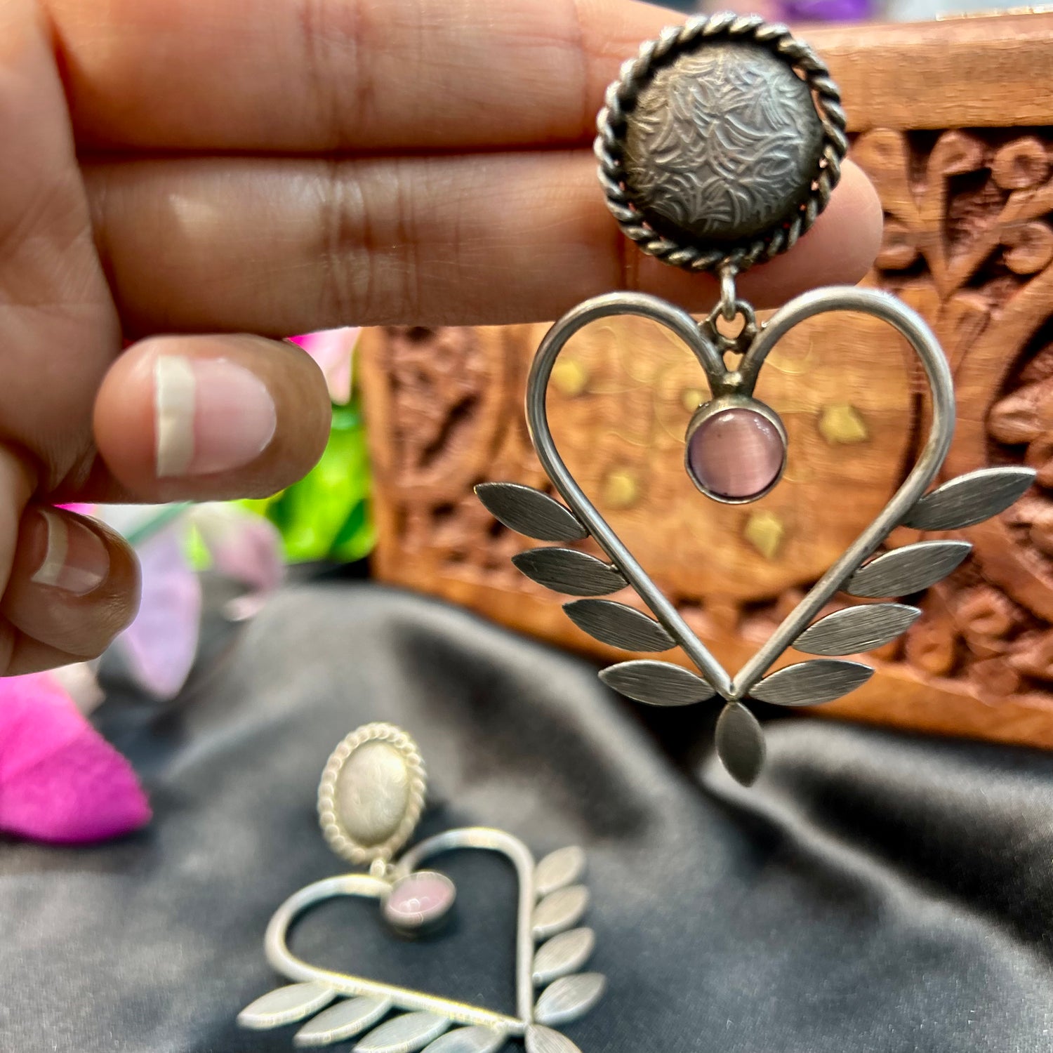 Pink Silver Oxidised Earrings — view 3