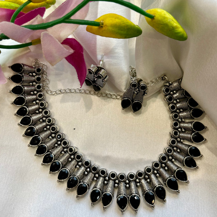 Black Silver Look Alike Oxidised Necklace Set
