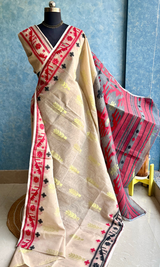 Ganga-Jamuna - Beige with Red & Black Dual Border Jamdani