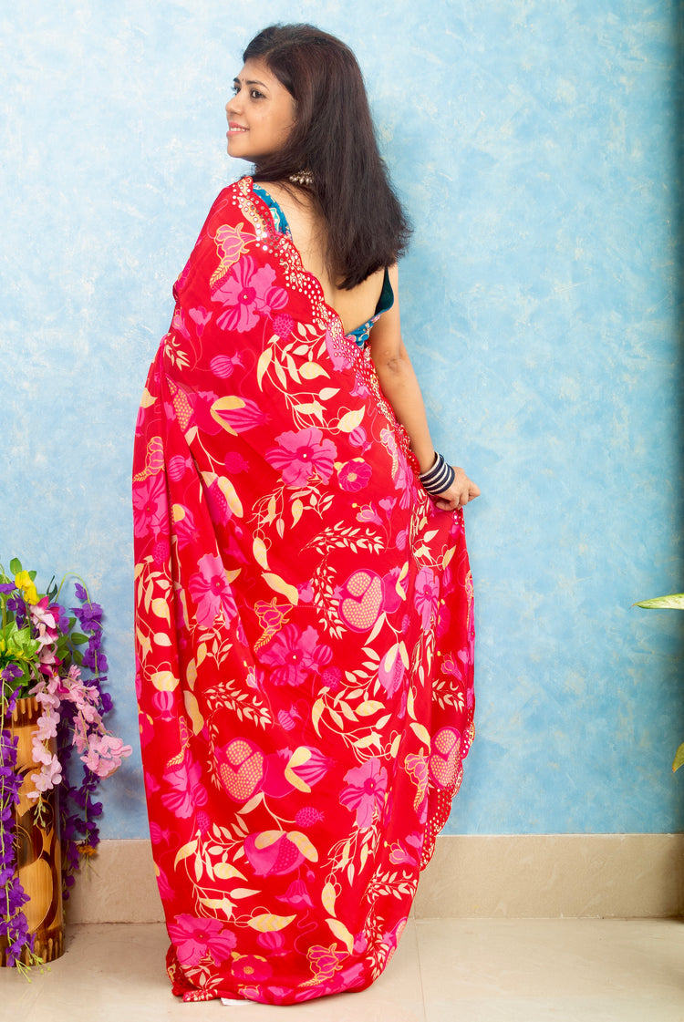 Ruby Pink Crape Saree with Mirror Work and Scallop Border
