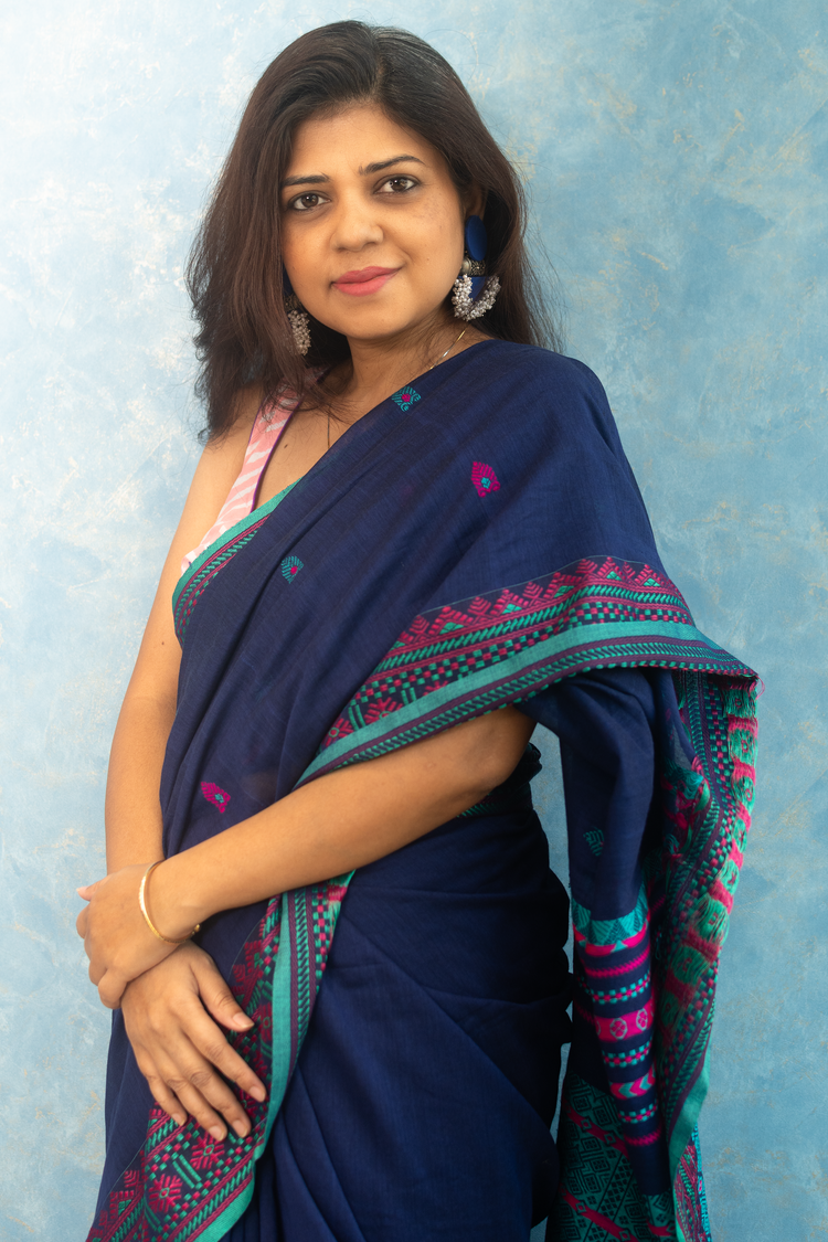Royal Blue Handwoven Khadi Cotton Sari With Dhanikhali Woven Pallu