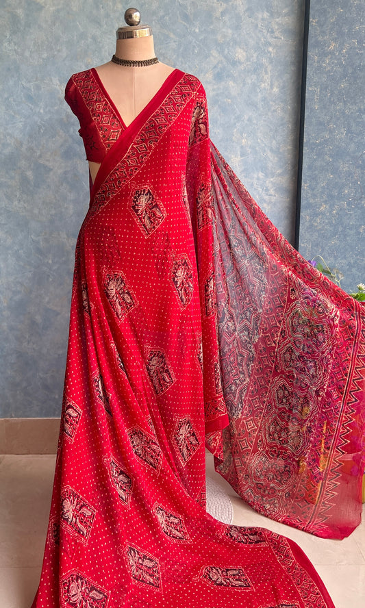 Red Chiffon Handblock Printed Saree