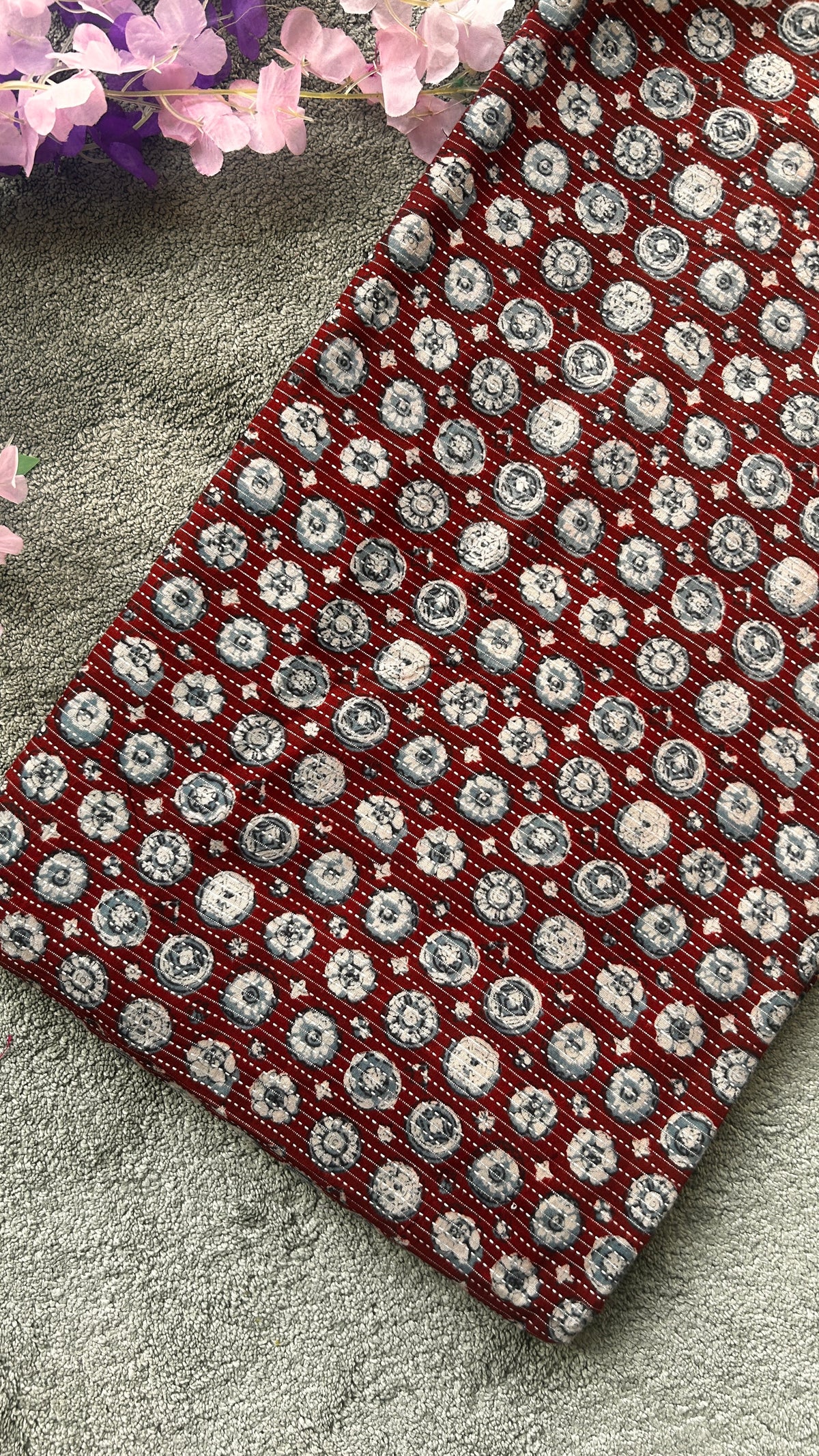 Maroon Ajrakh Print with kantha stitch on Cotton Fabric — view 5