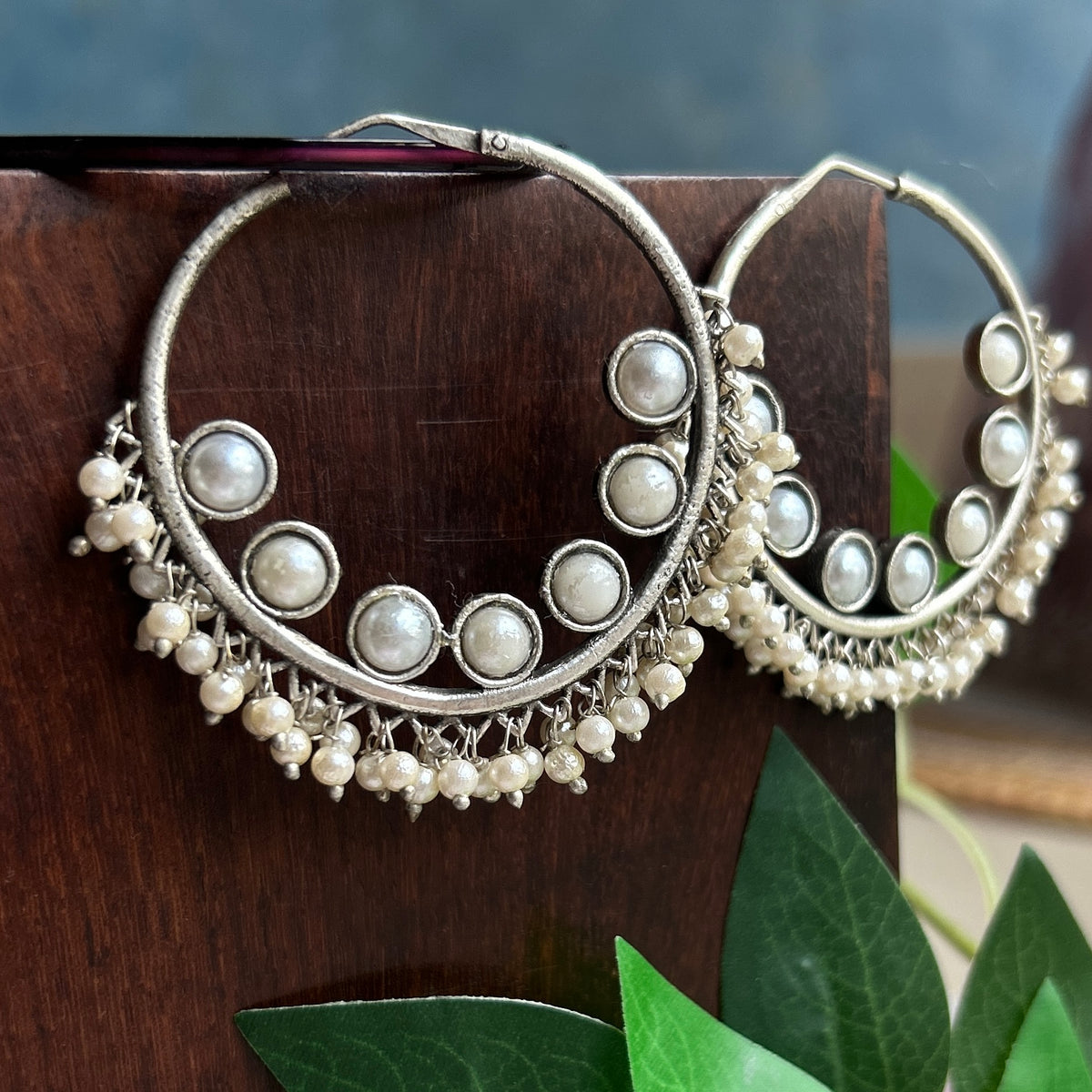 White Silver Oxidised Earrings — view 3
