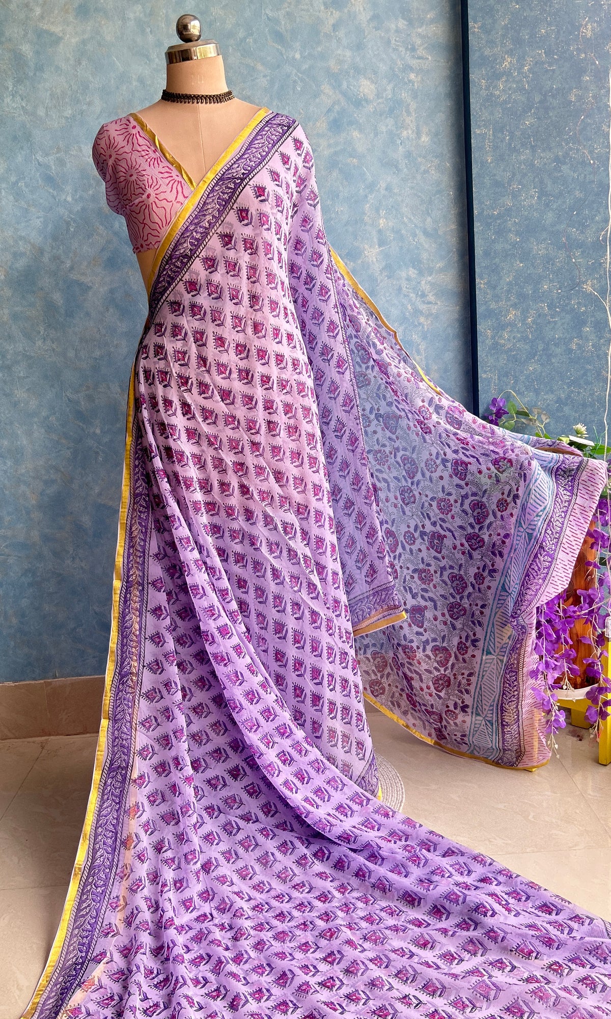 Purple Chiffon Handblock Printed Saree — view 3