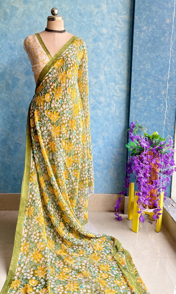 Floral Chiffon Handblock Printed Saree