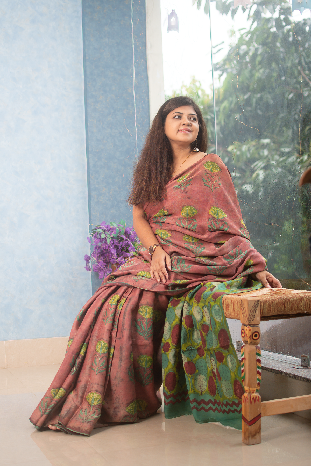 Autumn Leaf Modal Tussar Ajrakh Saree — view 3