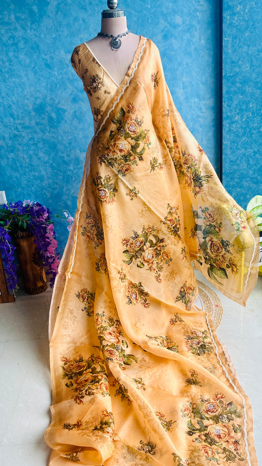 Coral Peach Kora Handwoven Pure Silk by Silk Sari