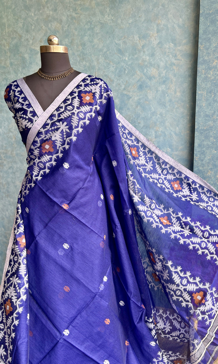 Deep Indigo Handloom Jamdani Saree