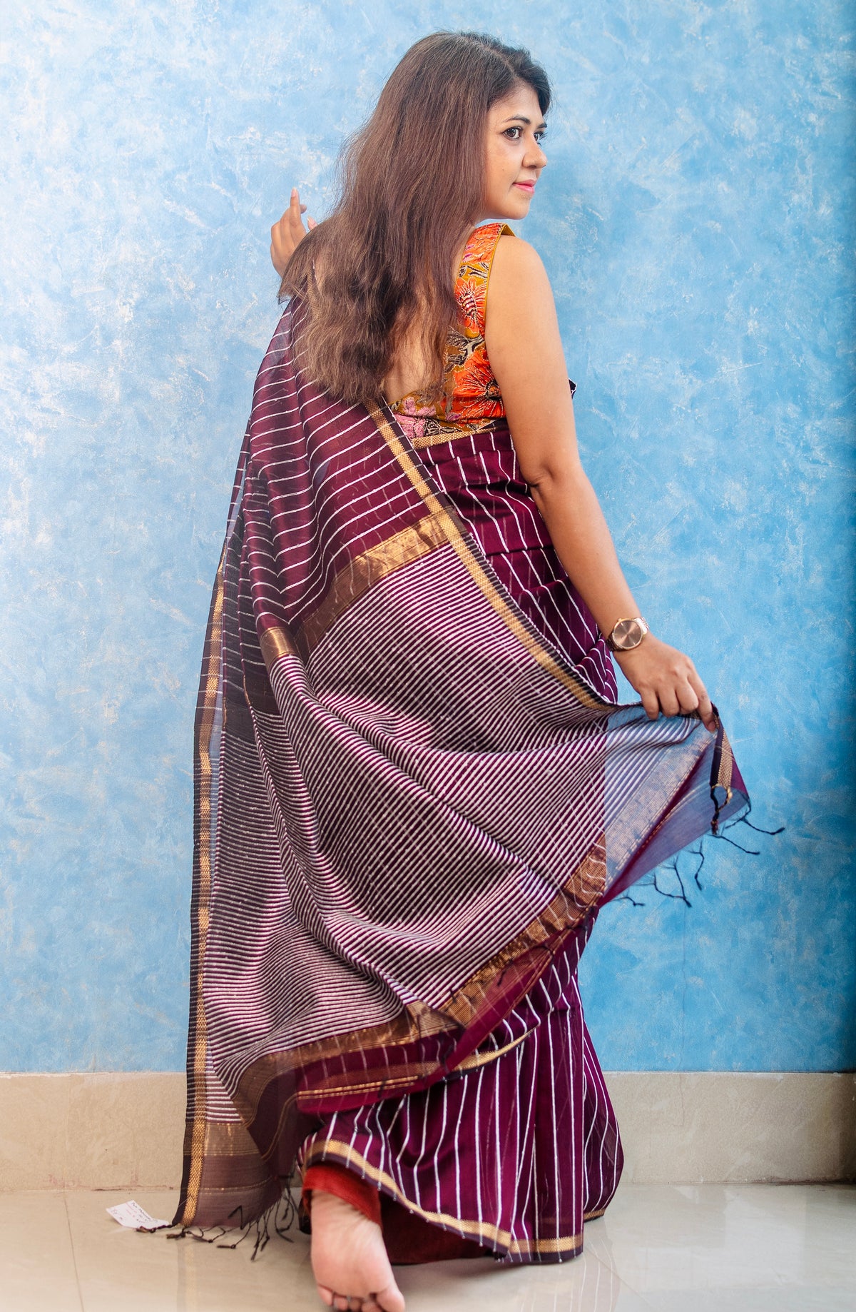 Burnt Marron Handwoven Maheshwari Sari — view 2