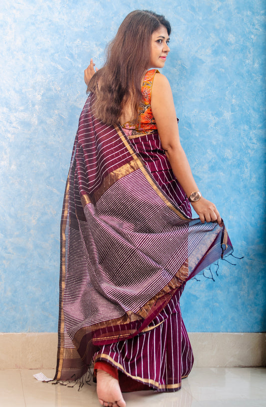 Burnt Marron Handwoven Maheshwari Sari