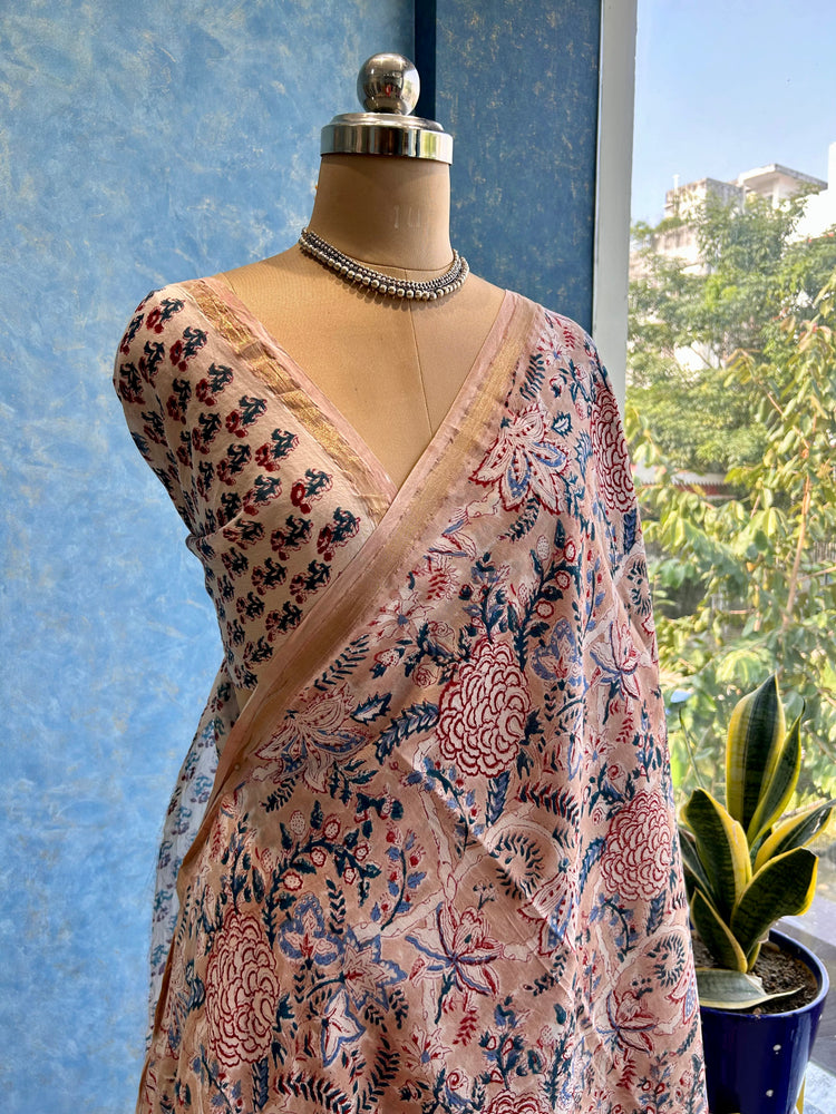 Tan Hand Block Printed Chanderi Sari