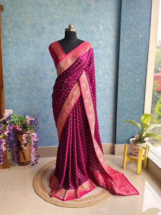 Jazzberry and  Pink Shaded Crepe Banarasi Sari