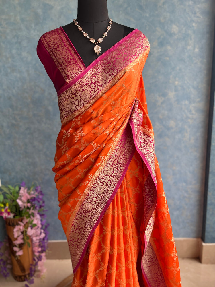 Pink Orange Shaded Crepe Banarasi Sari