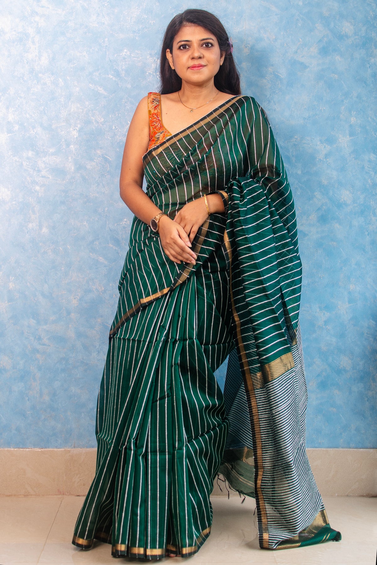 Pine Green Handwoven Maheshwari Sari